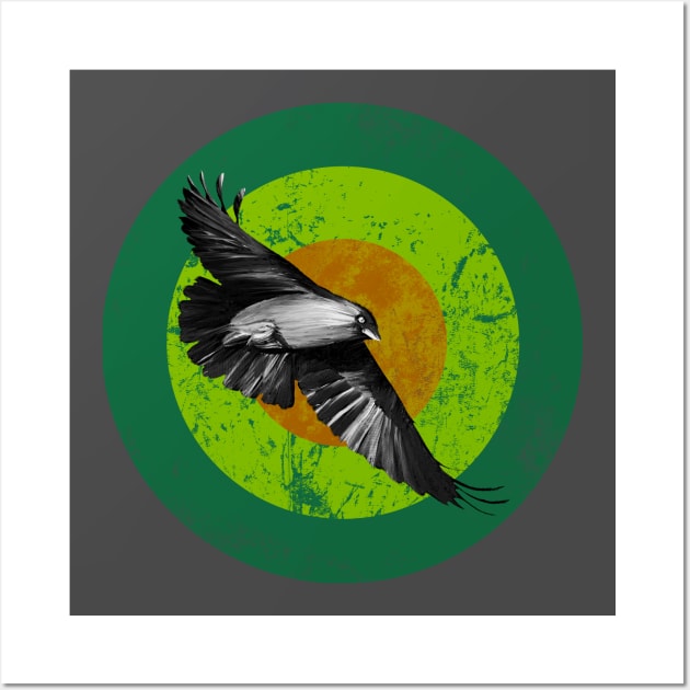 Raven Flight - retro style illustration in green tones Wall Art by DyrkWyst